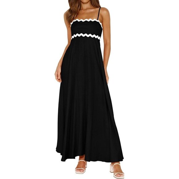 ✨Perttygarden Maxi Dresses Women Black Spaghetti Strap A Line Long Flowy Dress - Picture 1 of 6
